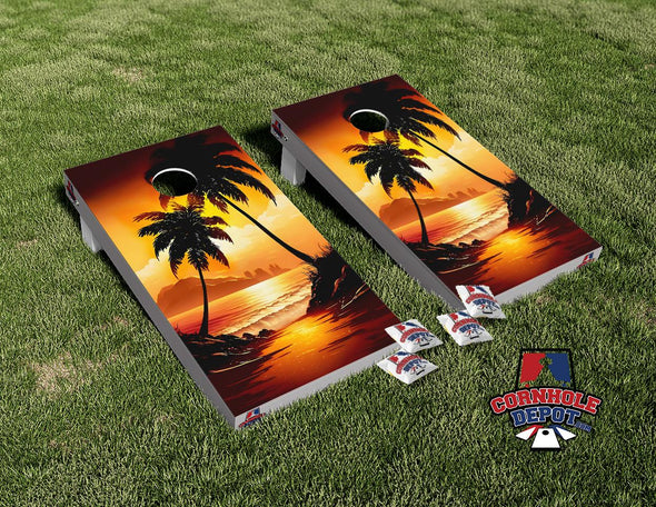 Tropical Beach Sunset Palm Trees Cornhole Board Vinyl Wrap Skins Laminated Sticker Set Decal