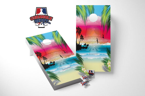 Tropical Colorful Beach Island Hawaii Cornhole Board Vinyl Wrap Skins Laminated Sticker Set Decal
