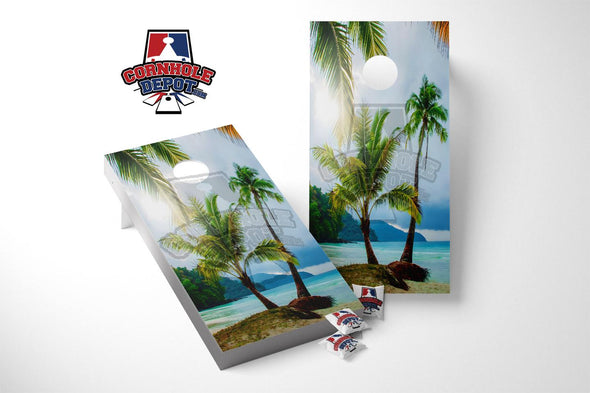 Tropical Palm Tree Island Hawaii Cornhole Board Vinyl Wrap Skins Laminated Sticker Set Decal