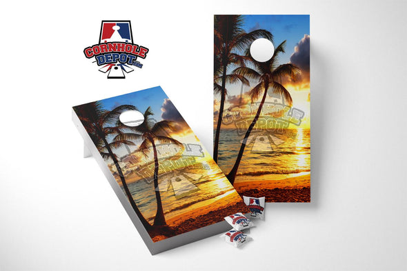 Tropical Sunrise Beach Cornhole Board Vinyl Wrap Skins Laminated Sticker Set Decal