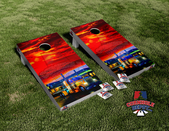 Truck Big Rig Sunset Cornhole Board Vinyl Wrap Skins Laminated Sticker Set Decal
