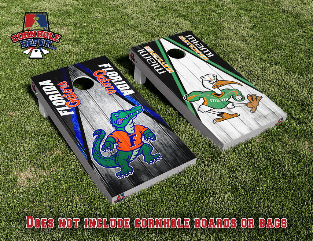 UM Hurricanes Miami and Florida Gators Split Set Cornhole Board Vinyl Wrap Laminated Sticker Set Decal