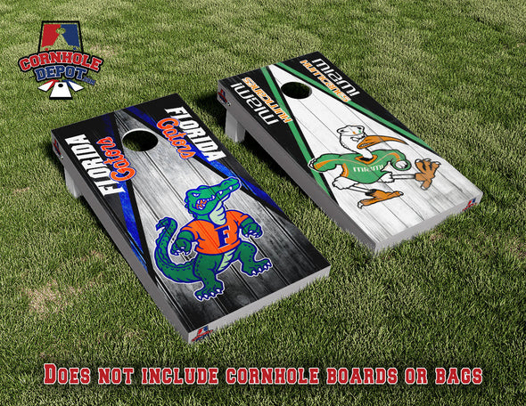 UM Hurricanes Miami and Florida Gators Split Set Cornhole Board Vinyl Wrap Laminated Sticker Set Decal