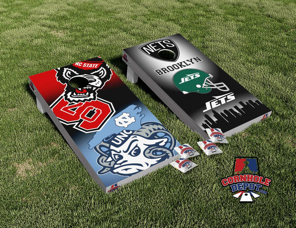 UNC Tarheels, NC State, Nets Brooklyn Jets Mash Up Split Set Cornhole Board Vinyl Wrap Skins Laminated Sticker Set Decal