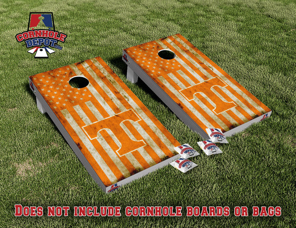 Tennessee Volunteer American Flag Orange Washed Wood Cornhole Board Vinyl Wrap Skins Laminated Sticker Set Decal