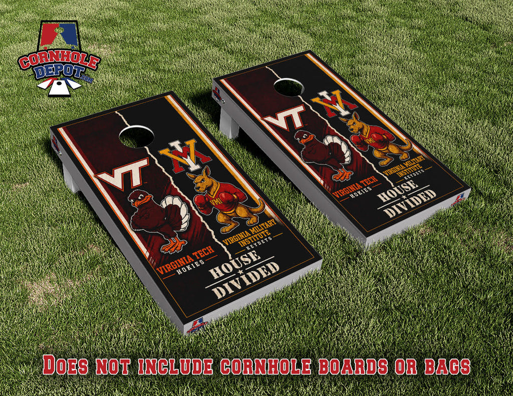 VT Hokies and VMI Virginia Keydeys House Divided Cornhole Board Vinyl Wrap Skins Laminated Sticker Set Decal