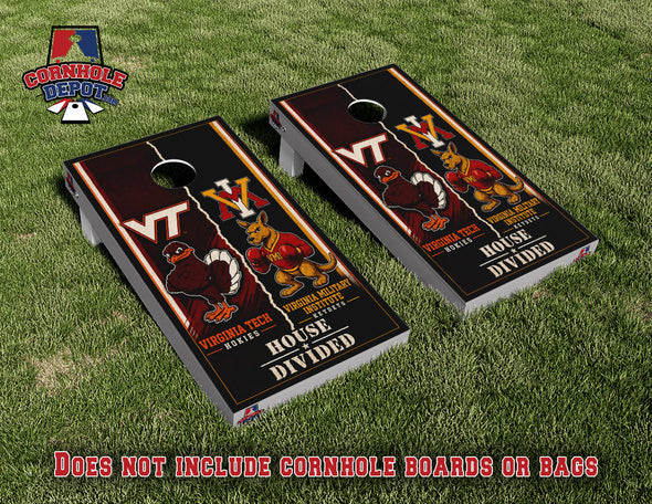 VT Hokies and VMI Virginia Keydeys House Divided Cornhole Board Vinyl Wrap Skins Laminated Sticker Set Decal