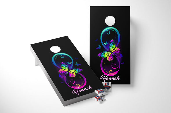 Vibrant Infinity Rainbow Butterfly Personalized Cornhole Board Vinyl Wrap Skins Laminated Sticker Decal Set