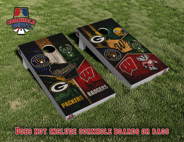 Wisconsin Mashup Badgers Colorful Cornhole Board Vinyl Wrap Skins Laminated Sticker Set Decal