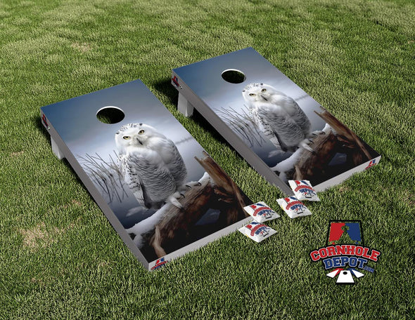 White Owl Snowy Lake Cornhole Board Vinyl Wrap Laminated Sticker Set