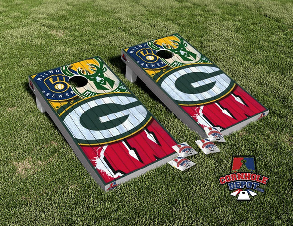 Wisconsin Sports Mashup Cornhole Board Vinyl Wrap Skins Laminated Sticker Set Decal