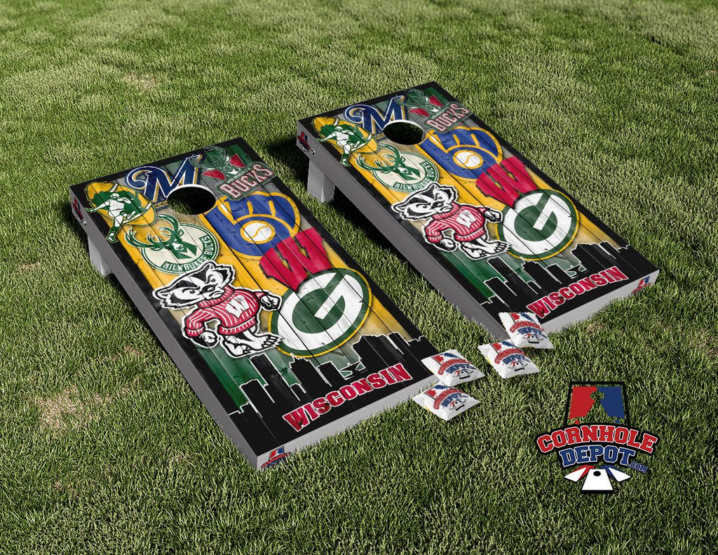 JEFF~10 sets: 1 Neon drinking game, 1 Levin, 1 American flag checkered, 1 Wisconsin mix, 1 Packers, 2 Wisconsin light gray, 2 Wisconsin big letters and 1 Wisconsin skyline Cornhole Board Vinyl Wrap Skins Laminated Sticker Set
