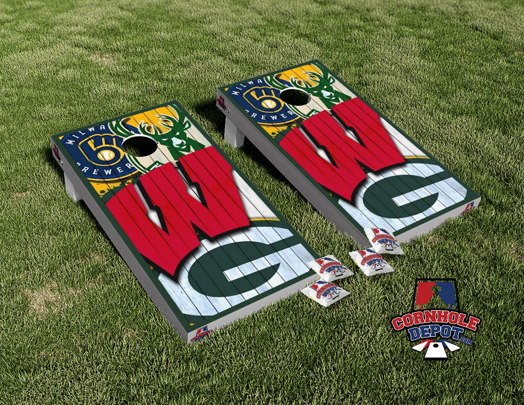 Wisconsin Sports Mashups Cornhole Board Vinyl Wrap Skins Laminated Sticker Set Decal