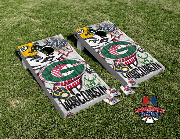 Wisconsin Sports Mashups Washed Cornhole Board Vinyl Wrap Skins Laminated Sticker Set Decal
