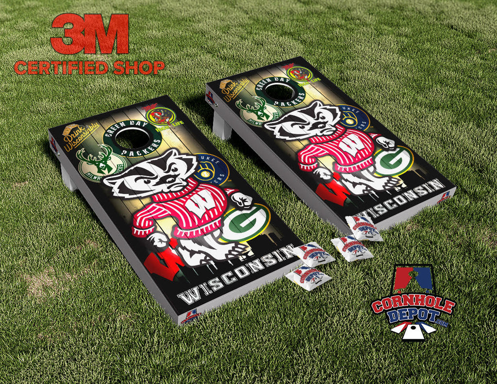 Wisconsin Sports Teams Skyline Miller Cornhole Board Vinyl Wrap Skins Laminated Sticker Set Decal