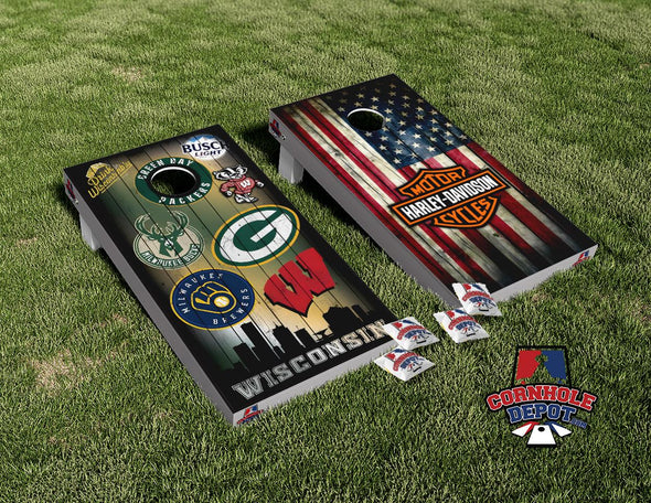 Wisconsin Sports and American Flag Split Set  Cornhole Board Vinyl Wrap Skins Laminated Sticker Set Decal