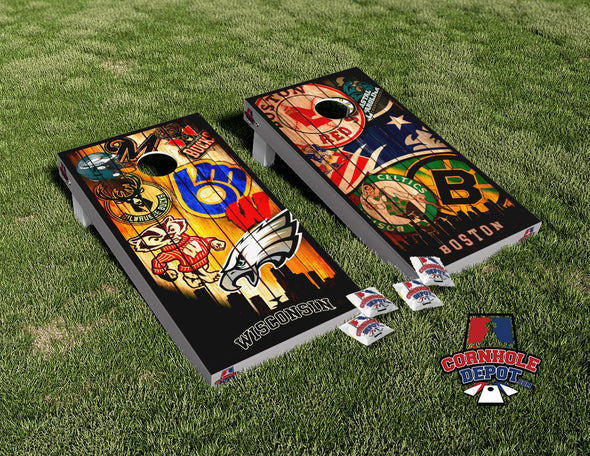 Wisconsin and Boston Teams Split Set Cornhole Board Vinyl Wrap Skins Laminated Sticker Set Decal