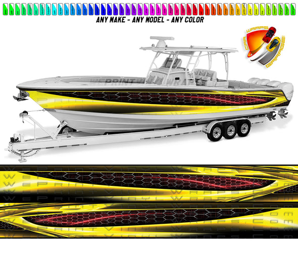 Yellow and Red Hexagon Caged Graphic Vinyl Boat Wrap Decal Fishing Bass Pontoon Sportsman Tenders Bowriders Watercraft Sea Doo etc.. Boat Wrap Decal