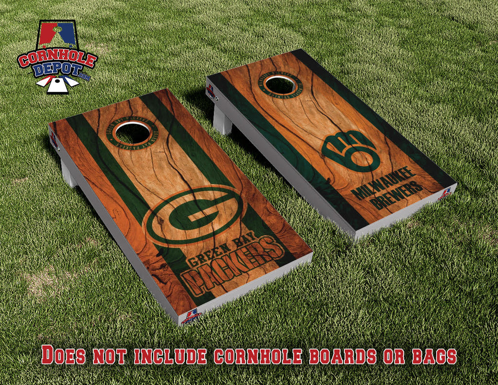 Milwaukee Brewers Glove and Green Bay Packers Split Set Cornhole Board Vinyl Wrap Skins Laminated Sticker Set Decal