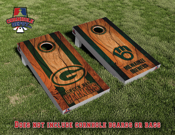 Milwaukee Brewers Glove and Green Bay Packers Split Set Cornhole Board Vinyl Wrap Skins Laminated Sticker Set Decal