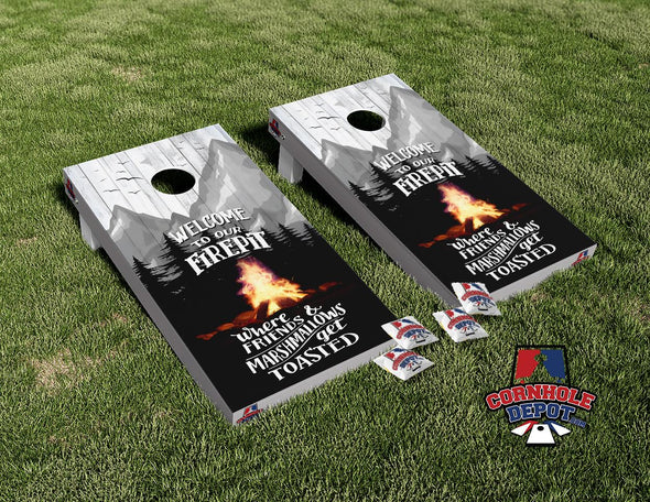 Camping Welcome to our Firepit Cornhole Board Vinyl Wrap Skins Laminated Sticker Set Decal