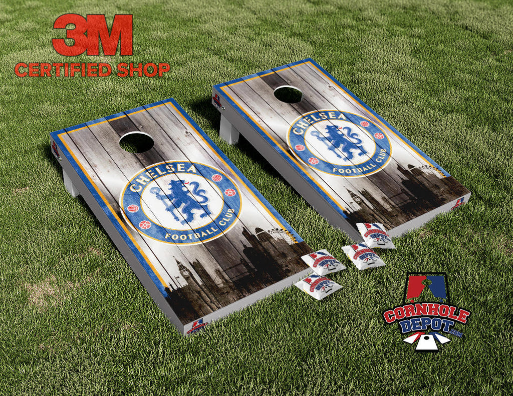 Chelsea Football Club Skyline Washed Cornhole Board Vinyl Wrap Laminated Sticker Set Decal