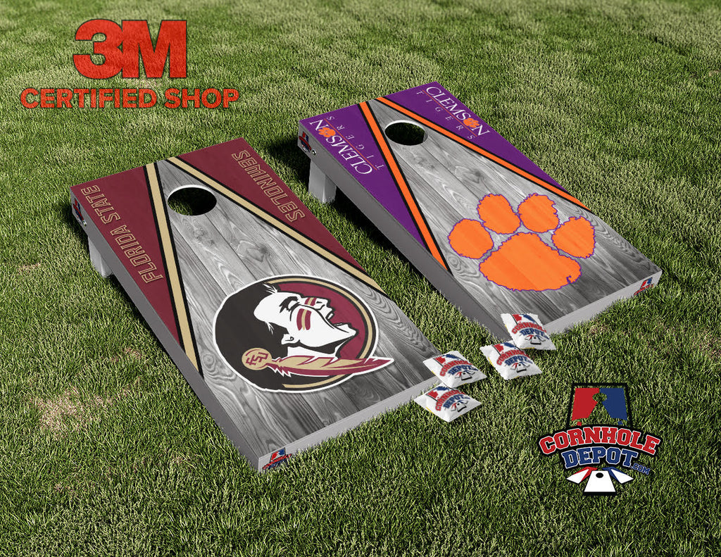 Clemson Tigers Paw and FSU Seminoles Split Set Washed Cornhole Board Vinyl Wrap Skins Laminated Sticker Set  Decal