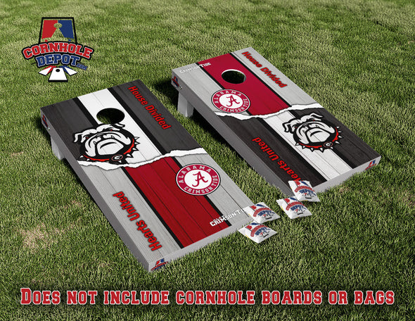 Alabama Crimson and Georgia Bulldogs House Divided Cornhole Board Vinyl Wrap Skins Laminated Sticker Set Decal