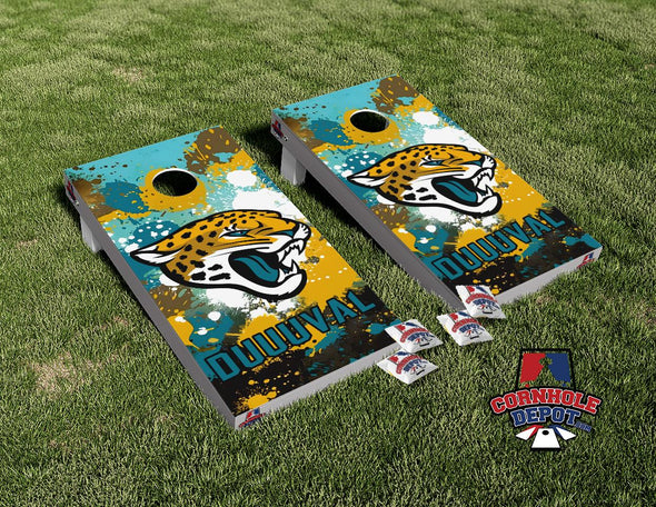 Jacksonville Jaguars DUUUVAL Splattered Cornhole Board Vinyl Wrap Laminated Sticker Set Decal