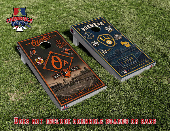 Baltimore Orioles and Milwaukee Brewers Split Set Cornhole Board Vinyl Wrap Skins Laminated Sticker Set Decal