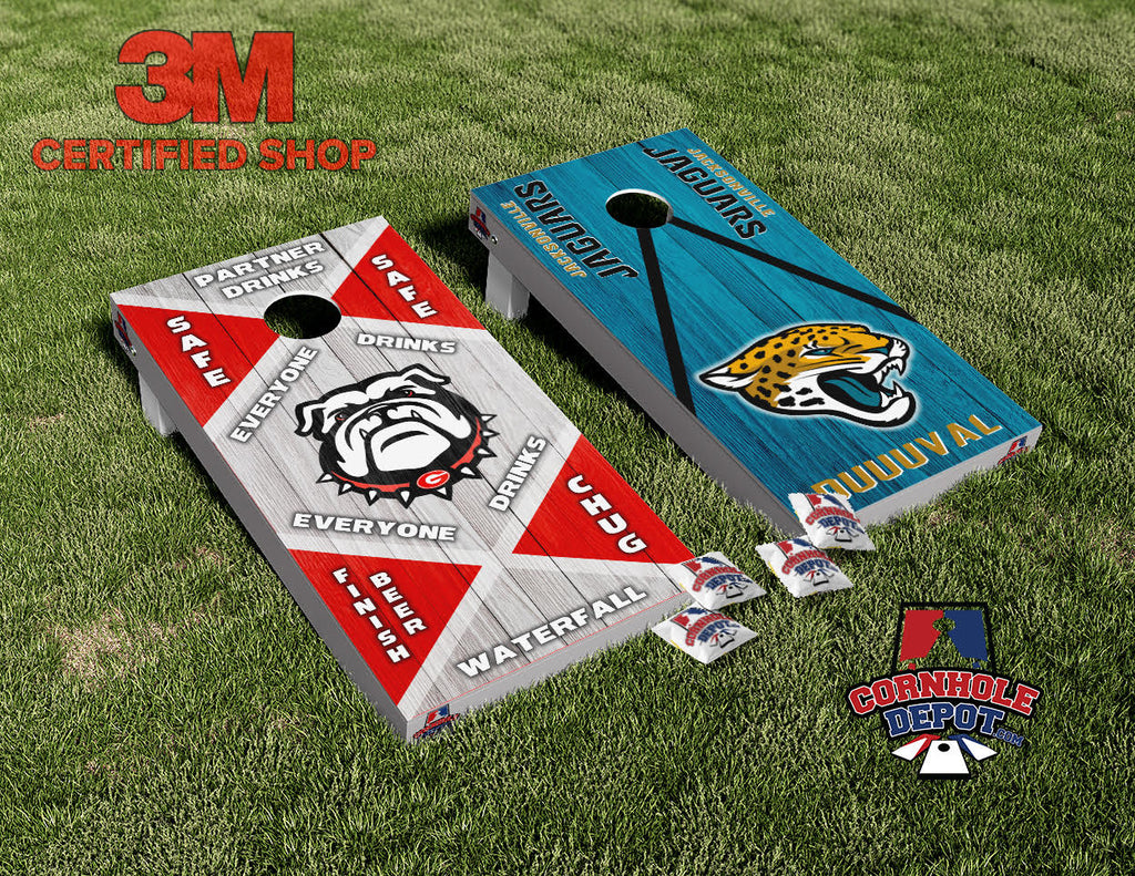 Tommie ~ 1 Georgia Bulldog Drinking Game and 1 Jaguar/Georgia split set Cornhole Board Skins Vinyl Wrap Laminated Sticker