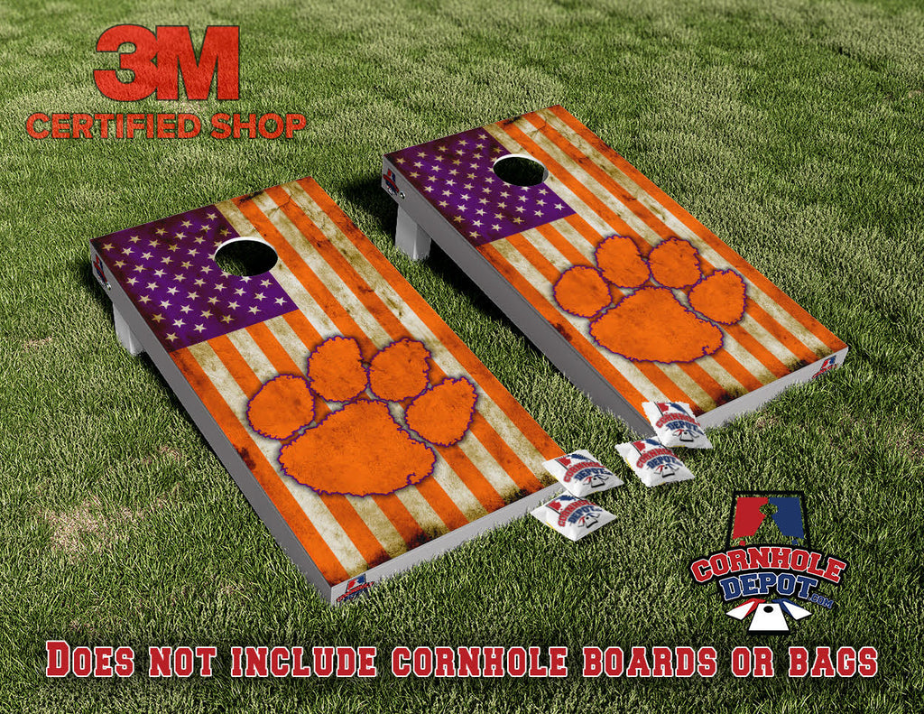 Clemson Tigers Paw American Flag Orange Cornhole Board Vinyl Wrap Skins Laminated Sticker Set  Decal