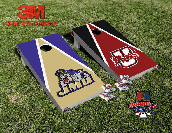 UMASS and JMU James Madison Bulldog Split Set Cornhole Board Vinyl Wrap Skins Laminated Sticker Set Decal