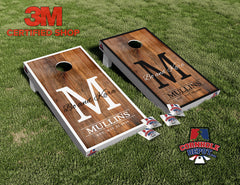 Kara ~ Mullins Custom Personalized Dark Wood Cornhole Board Vinyl Wrap Skins Laminated Sticker Decal Set Anniversary Wedding Gifts