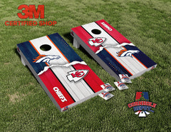 Kansas City Chief and Denver Broncos House Divided Cornhole Board Vinyl Wrap Skins Laminated Sticker Set Decal