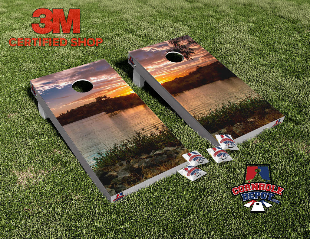 Sunset Lake Cornhole Board Vinyl Wrap Skins Laminated Sticker Set Decal