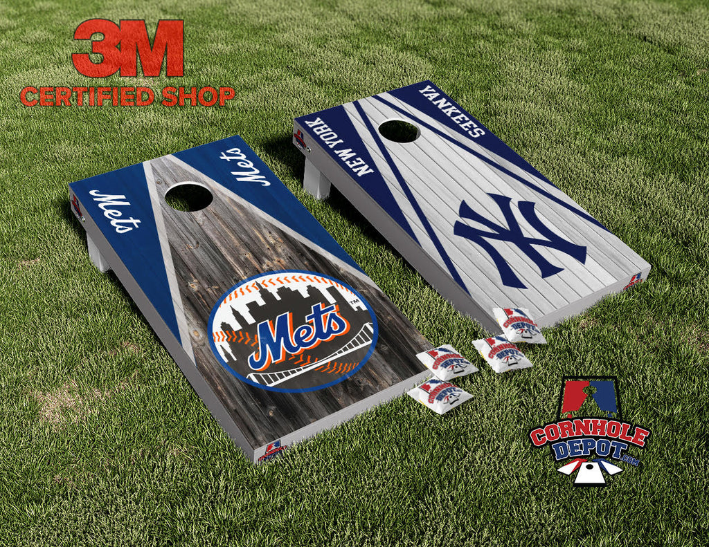 NY Mets and NY Yankees Split Set Cornhole Board Vinyl Wrap Skins Laminated Sticker Set Decal