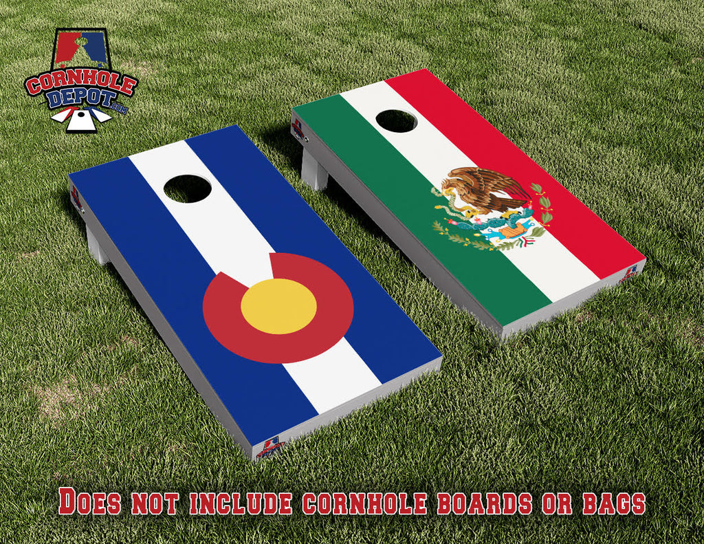 Tafoya ~ 1 Colorado and Mexico Flag split set and 1 Lobos UNM  Cornhole Board Vinyl Wrap Skins Laminated Sticker Set Decal