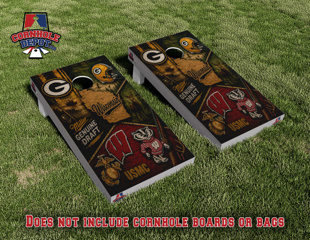 Wisconsin Sports Teams Miller Cornhole Board Vinyl Wrap Skins Laminated Sticker Set Decal