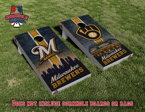 Milwaukee Brewers Skyline Cornhole Board Vinyl Wrap Skins Laminated Sticker Set Decal