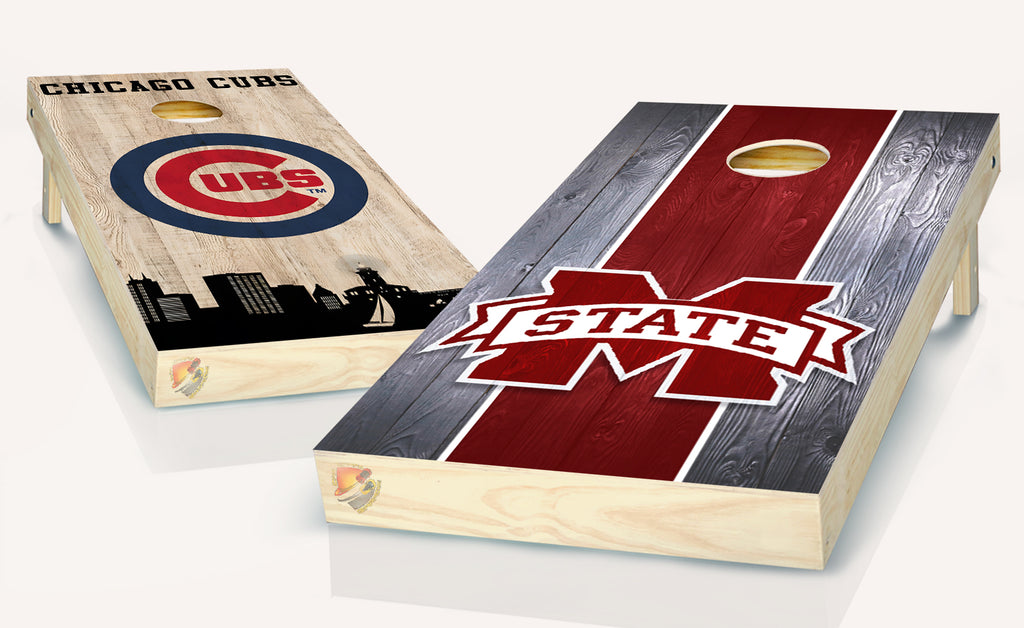 Mississippi State and Chicago Cubs Cornhole  Board Vinyl Wrap Laminated Sticker Set Decal