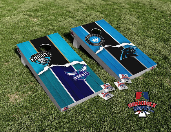 Charlotte FC/Carolina Panthers and Charlotte Knights/Charlotte Hornets House Divided Cornhole Board Vinyl Wrap Skins Laminated Sticker Set Decal