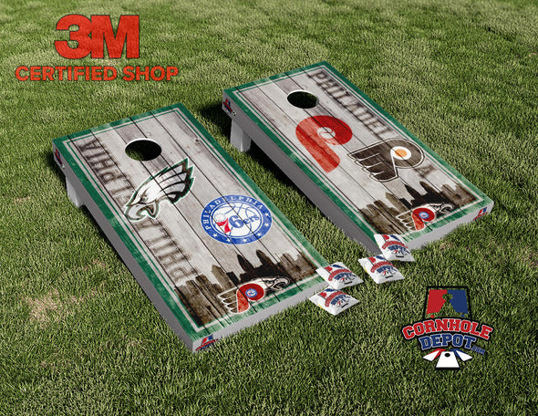Philadelphia Phillies Teams Mashup Skyline Washed Cornhole Board Vinyl Wrap Skins Laminated Sticker Set Decal