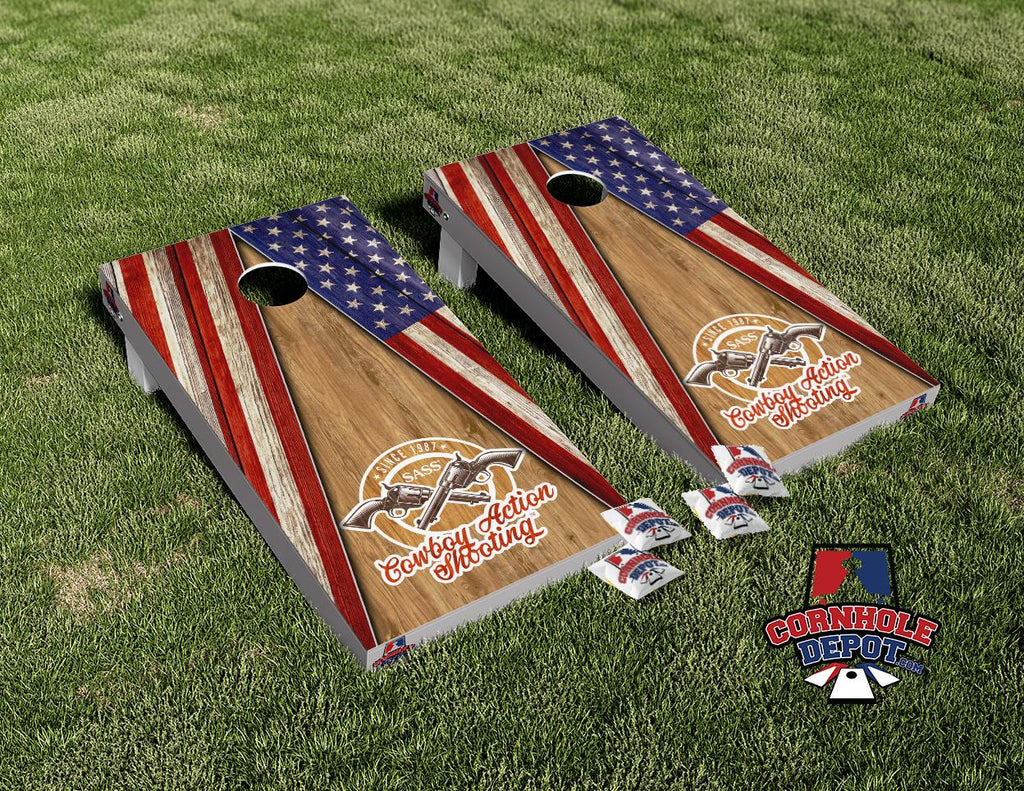 American Flag Dark Wood SASS Cornhole Board Vinyl Wrap Skins Laminated Sticker Set Decal
