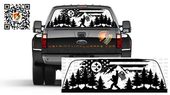 Steelers Flag Bigfoot Mountain Rear Window Tint Perforated Graphic Decal Sticker Trucks Cars Campers