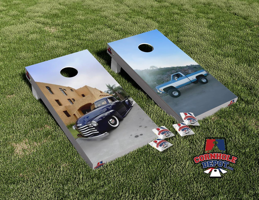 Vintage Trucks Cornhole Board Vinyl Wrap Skins Laminated Sticker Set Decal