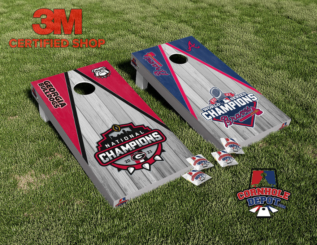 Atlanta Braves and Georgia Bulldogs Split Set Cornhole Board Vinyl Wrap Skins Laminated Sticker Set Decal