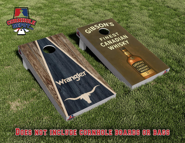 Gibson's Whiskey and Wrangler Split Set Cornhole Board Vinyl Wrap Skins Laminated Sticker Set Decal