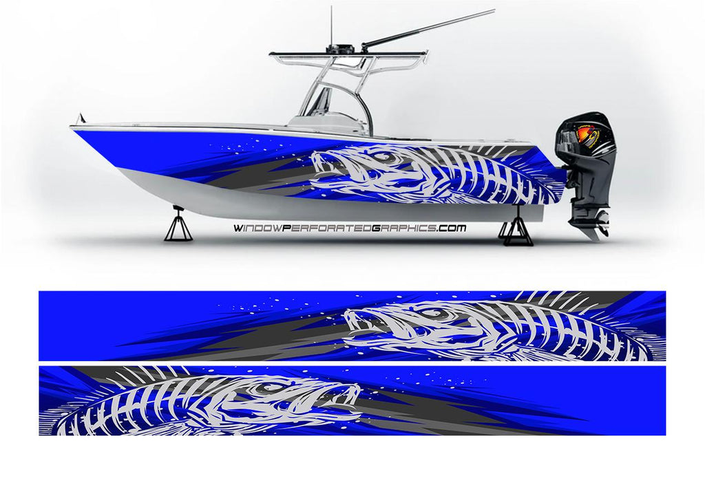 Abstract Blue Seabass Graphic Boat Vinyl Wrap Decal Fishing Bass Pontoon Decal Sportsman Boat Decal