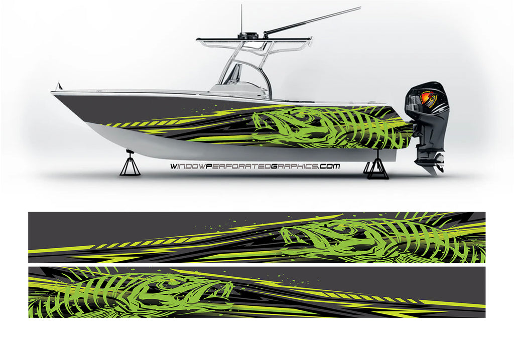 Abstract Lime Seabass Modern Lines Graphic Boat Vinyl Wrap Decal Fishing Bass Pontoon Decal Sportsman Boat Decal